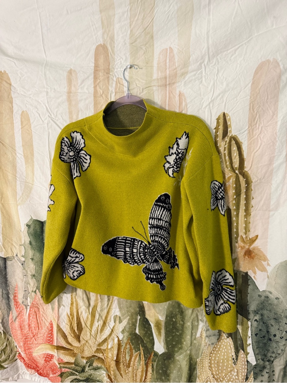 Women's Cowl Sweater with Black Butterfly & Floral Motif - Green